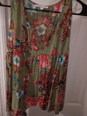 Patrons of Peace Olive Floral Scoop-Neck Mini Dress with Coral & Teal Accents